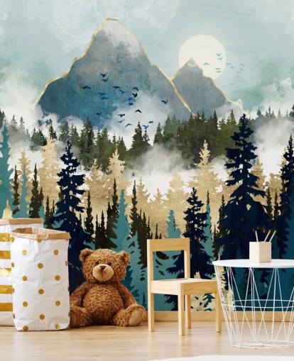 carta da parati murale astratta verde e oro chiamata Misty Pines di SpaceFrog Designs per camere da letto e salotti