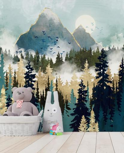 green and gold abstract forest wallpaper mural called Misty Pines by SpaceFrog Designs for bedrooms and lounges green and gold abstract forest wallpaper mural called Misty Pines by SpaceFrog Designs for bedrooms and lounges