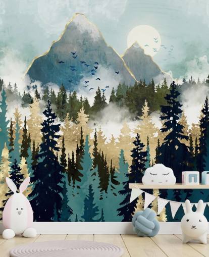 green and gold abstract forest wallpaper mural called Misty Pines by SpaceFrog Designs for bedrooms and lounges