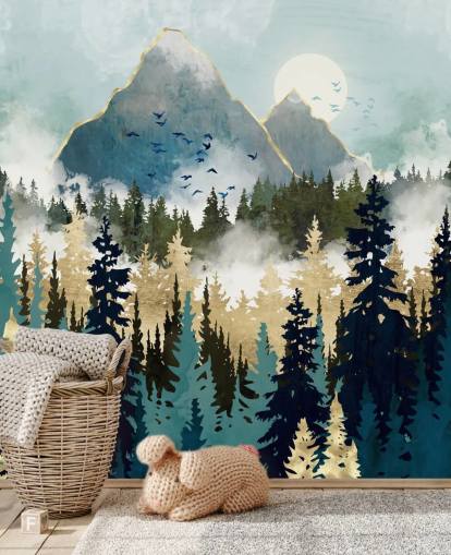 papier peint mural de forêt abstraite vert et or appelé Misty Pines par SpaceFrog Designs pour les chambres et les salons papier peint mural de forêt abstraite vert et or appelé Misty Pines par SpaceFrog Designs pour les chambres et les salons