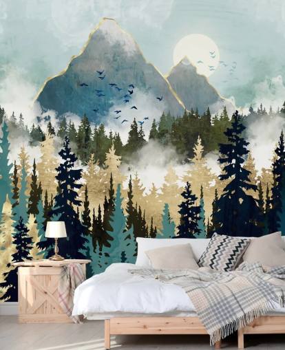 Grünes und goldenes abstraktes Waldtapeten-Wandbild namens Misty Pines von SpaceFrog Designs für Schlafzimmer und Lounges