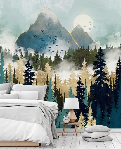 carta da parati murale astratta verde e oro chiamata Misty Pines di SpaceFrog Designs per camere da letto e salotti