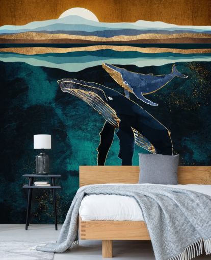 papel pintado ballena y becerro azul oscuro