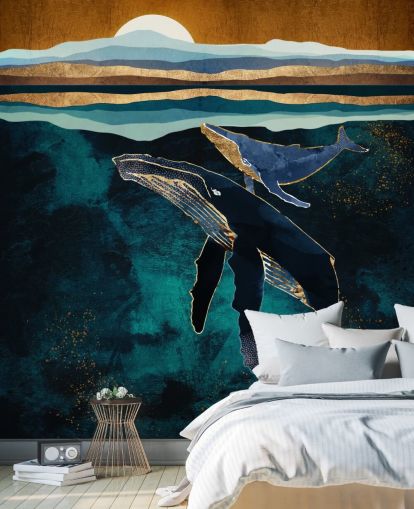 donkerblauwe walvis en kalf behang donkerblauwe walvis en kalf behang