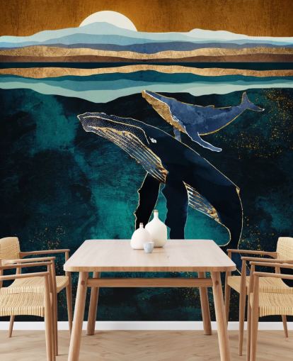 papier peint baleine et veau bleu foncé