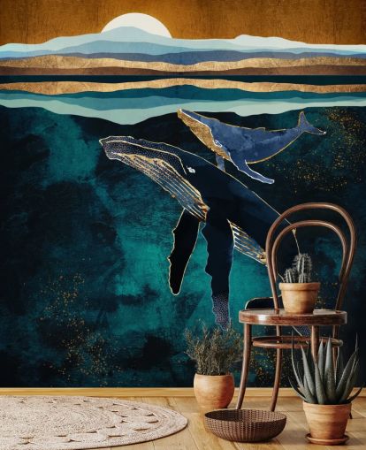 papier peint baleine et veau bleu foncé