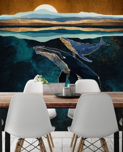 donkerblauwe walvis en kalf behang donkerblauwe walvis en kalf behang