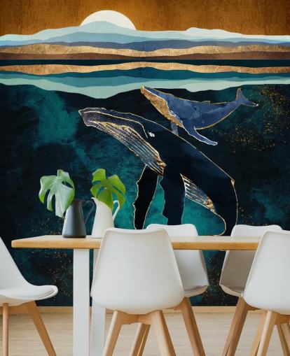 donkerblauwe walvis en kalf behang