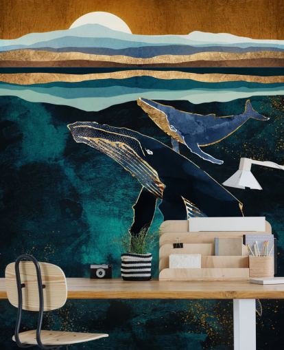 papel pintado ballena y becerro azul oscuro