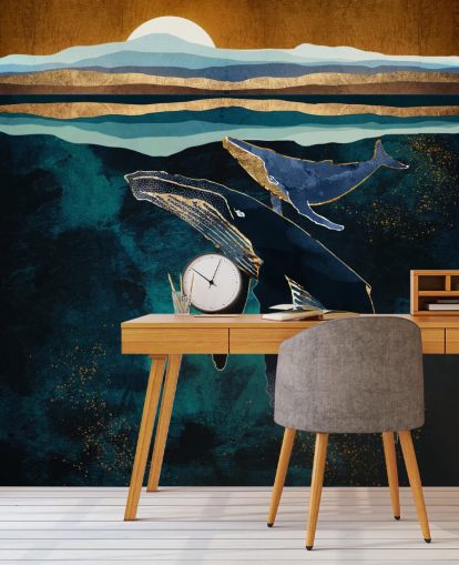 papier peint baleine et veau bleu foncé papier peint baleine et veau bleu foncé