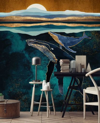 papel pintado ballena y becerro azul oscuro