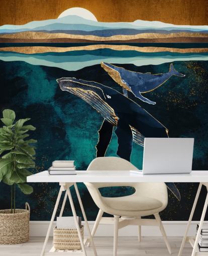 donkerblauwe walvis en kalf behang
