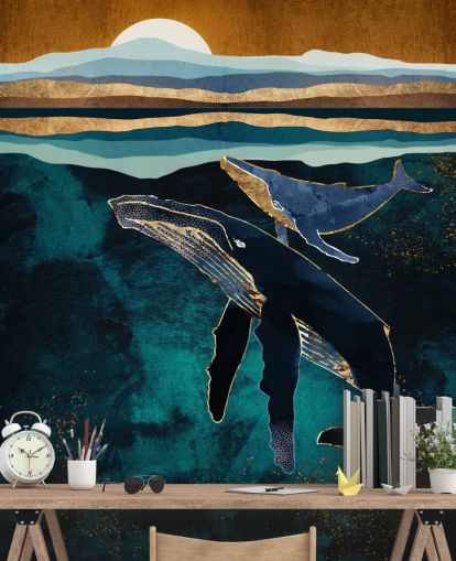 donkerblauwe walvis en kalf behang