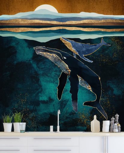 dark blue whale and calf wallpaper