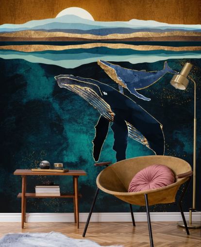 papel pintado ballena y becerro azul oscuro
