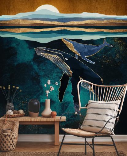 donkerblauwe walvis en kalf behang