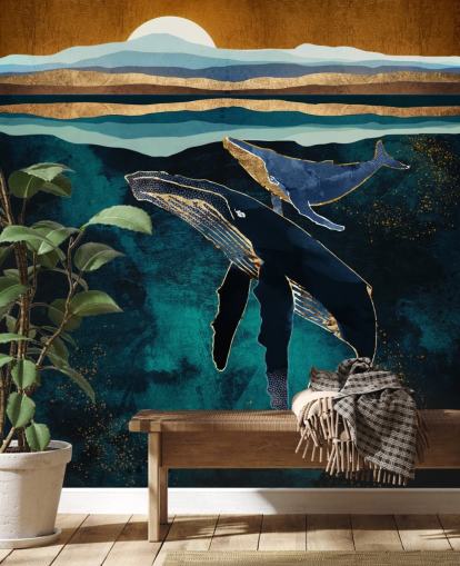 dark blue whale and calf wallpaper