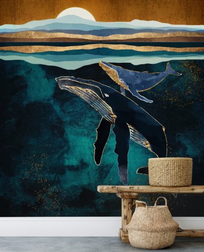 papier peint baleine et veau bleu foncé