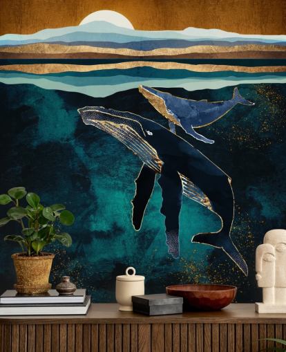 donkerblauwe walvis en kalf behang