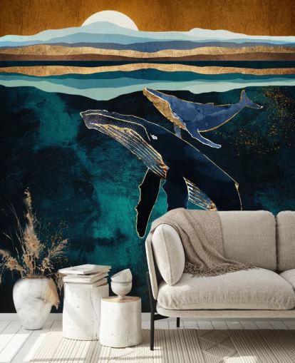 papier peint baleine et veau bleu foncé papier peint baleine et veau bleu foncé