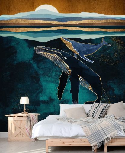 donkerblauwe walvis en kalf behang