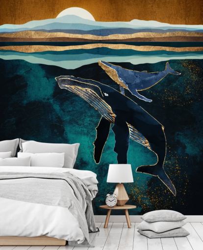 papier peint baleine et veau bleu foncé