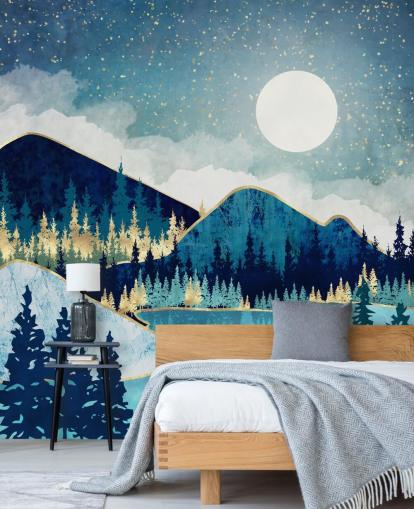 carta da parati con montagne e alberi blu scuro, turchese e oro