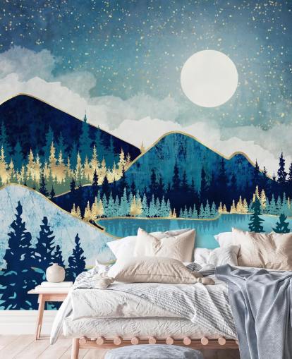 navy, turquoise and gold mountains and trees wallpaper