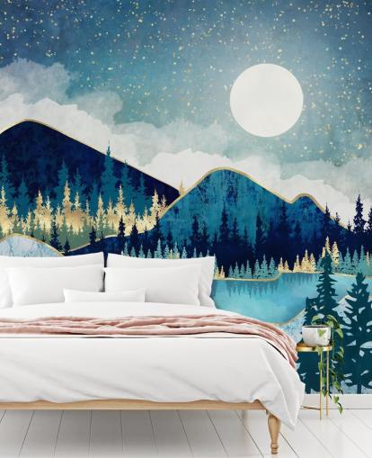 navy, turquoise and gold mountains and trees wallpaper navy, turquoise and gold mountains and trees wallpaper