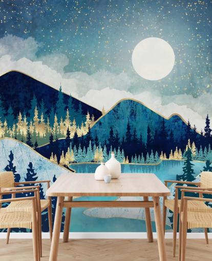 carta da parati con montagne e alberi blu scuro, turchese e oro