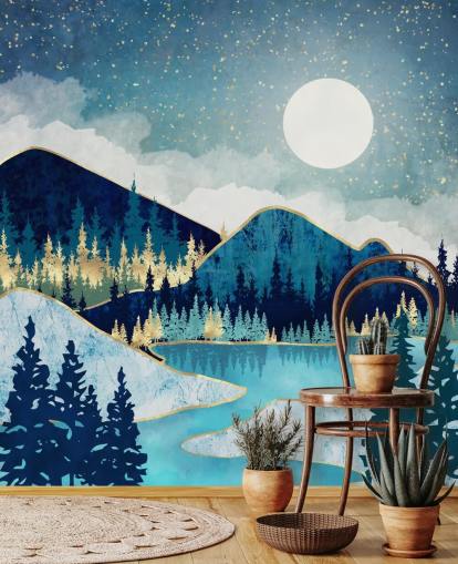 Papel pintado de montañas y árboles azul marino, turquesa y dorado