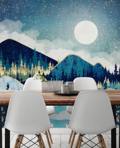 Papel pintado de montañas y árboles azul marino, turquesa y dorado