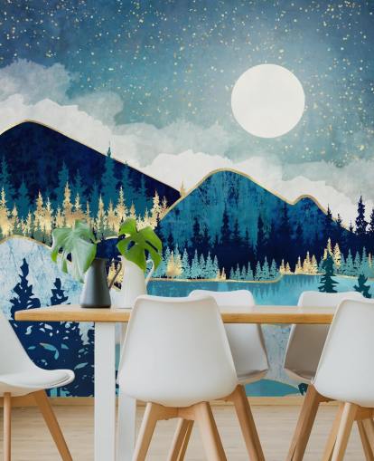 papel de parede de montanhas e árvores da marinha, turquesa e ouro