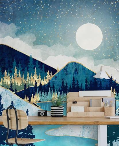 navy, turquoise and gold mountains and trees wallpaper navy, turquoise and gold mountains and trees wallpaper