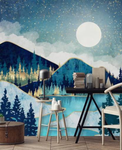 navy, turquoise and gold mountains and trees wallpaper