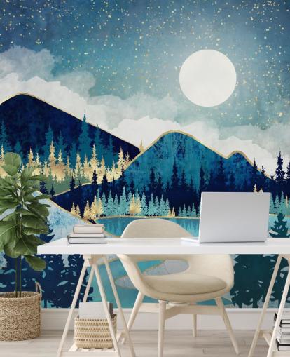 carta da parati con montagne e alberi blu scuro, turchese e oro