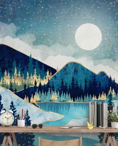 carta da parati con montagne e alberi blu scuro, turchese e oro carta da parati con montagne e alberi blu scuro, turchese e oro