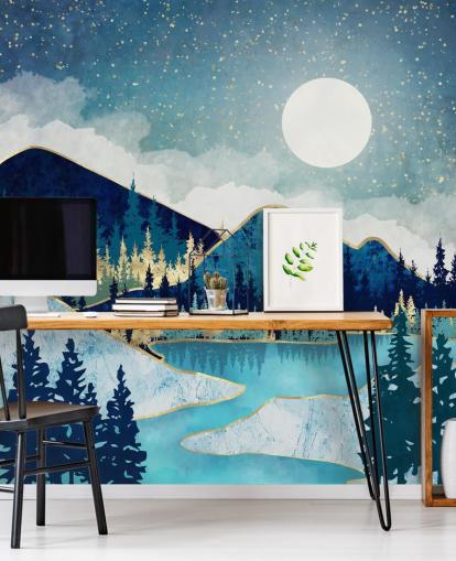 navy, turquoise and gold mountains and trees wallpaper