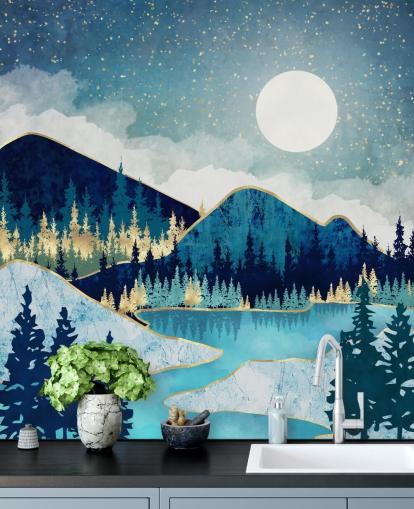 papel de parede de montanhas e árvores da marinha, turquesa e ouro