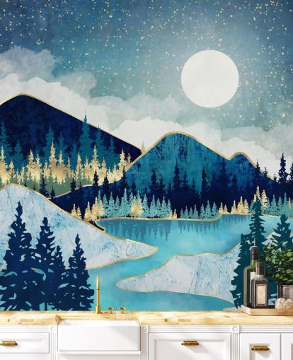 Papel pintado de montañas y árboles azul marino, turquesa y dorado