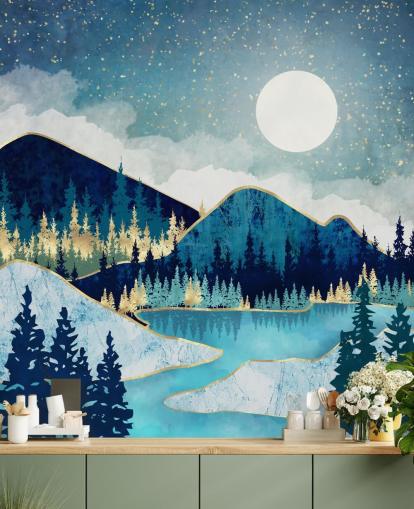 navy, turquoise and gold mountains and trees wallpaper