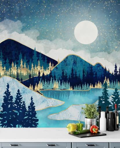 navy, turquoise and gold mountains and trees wallpaper