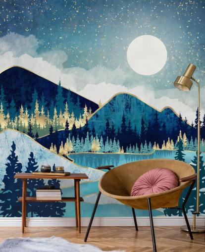 navy, turquoise and gold mountains and trees wallpaper navy, turquoise and gold mountains and trees wallpaper