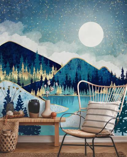navy, turquoise and gold mountains and trees wallpaper