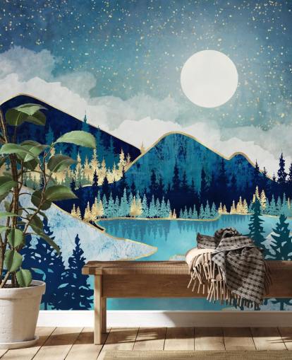 navy, turquoise and gold mountains and trees wallpaper