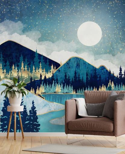 carta da parati con montagne e alberi blu scuro, turchese e oro