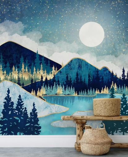 navy, turquoise and gold mountains and trees wallpaper