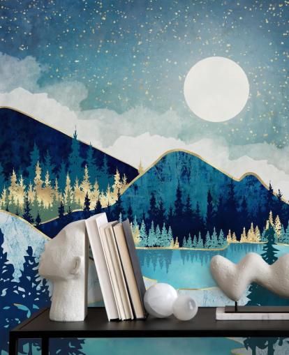 Papel pintado de montañas y árboles azul marino, turquesa y dorado