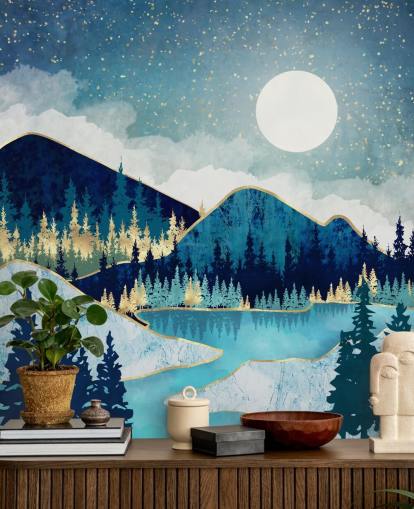 navy, turquoise and gold mountains and trees wallpaper