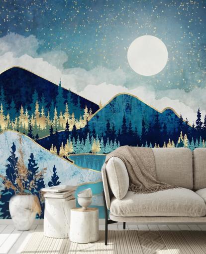 Papel pintado de montañas y árboles azul marino, turquesa y dorado